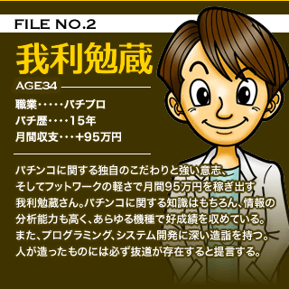 [FILE NO.2]我利勉蔵（職業：パチプロ、パチ歴：15年、月間収支：＋95万円）パチンコに関する独自のこだわりと強い意志、そしてフットワークの軽さで月間95万円を稼ぎ出す我利勉蔵さん。パチンコに関する知識はもちろん、情報の分析能力も高く、あらゆる機種で好成績を収めている。また、プログラミング、システム開発に深い造詣を持つ。人が造ったものには必ず抜道が存在すると提言する。