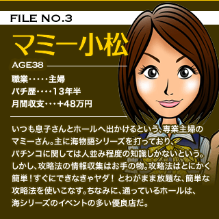 [FILE NO.3]マミー小松（職業：主婦、パチ歴：13年半、月間収支：＋48万円）いつも息子さんとホールへ出かけるという、専業主婦のマミーさん。主に海物語シリーズを打っており、パチンコに関しては人並み程度の知識しかないという。しかし、攻略法の情報収集はお手の物。攻略法はとにかく簡単！すぐにできなきゃヤダ！ とわがまま放題な、簡単な攻略法を使いこなす。ちなみに、通っているホールは、海シリーズのイベントの多い優良店だ。